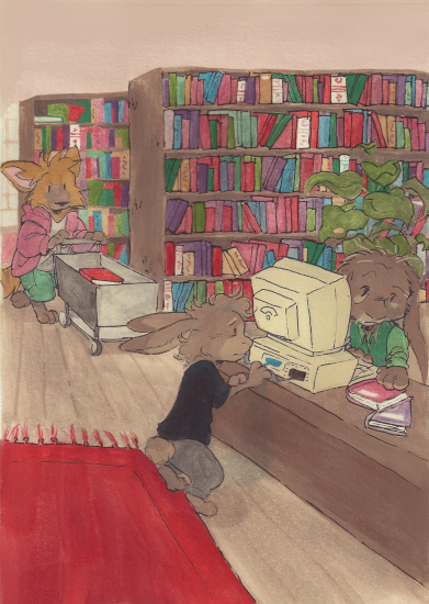 Kevin returning with the book cart as Theo checks out Gonzo's books